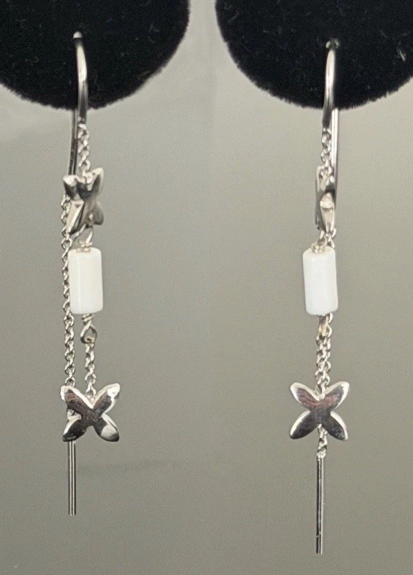 18k Solid White Gold Threader Earrings Butterfly … - image 1