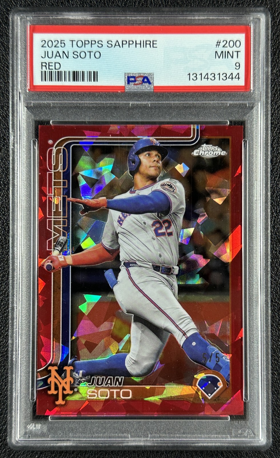 JUAN SOTO PSA 9 2025 TOPPS CHROME SAPPHIRE #200 RED REFRACTOR 5/5 METS