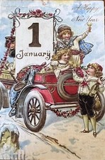 A Happy New Year Children Vintage Car Vintage Inspired Postcard Card #4525