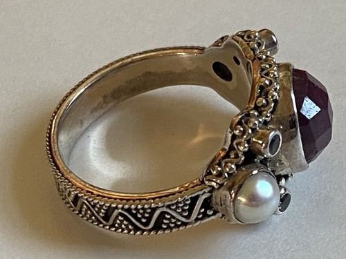 SI India 925 Sterling Silver Faceted Ruby, Pearl & CZ Dot Design Ring - Size 10 - Picture 5 of 15