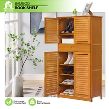 Brown Bamboo 8-Tier [ADJUSTABLE BOOTS SHELF] 4 Slat Doors Shoes Cabinet w/Drawer
