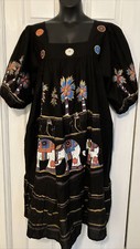 NWT Vintage Sante 2X Caftan Long House Dress Maxi Black Painted Elephants Cotton