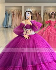 Purple Tulle Quinceanera Dresses Beaded Crystal Ruffles Birthday Sweet16PromGown