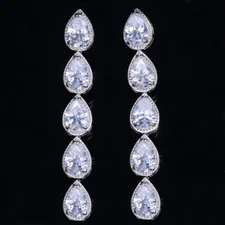Elegant Silver Plated Long Teardrop Dangle Drop Earrings Wedding Zircon Jewelry
