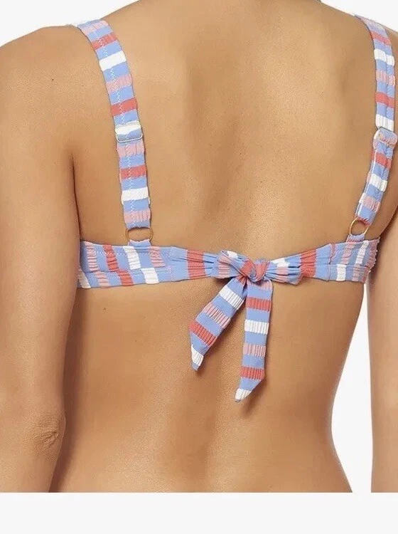 Traje de baño Jessica Simpson Seersucker bikini a rayas azul blanco rosa cintura alta con corbata Foto 3 de 4