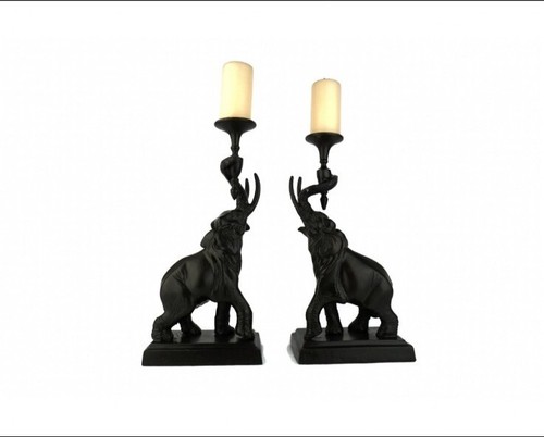 Set of 2 Antique Elephant Candle Holder, Bronze Elephant Candlesticks, France