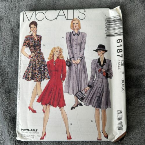 McCalls Pattern 6187 Sz 16-20 Misses Petite Semi Fitted Button Front Dress 90s