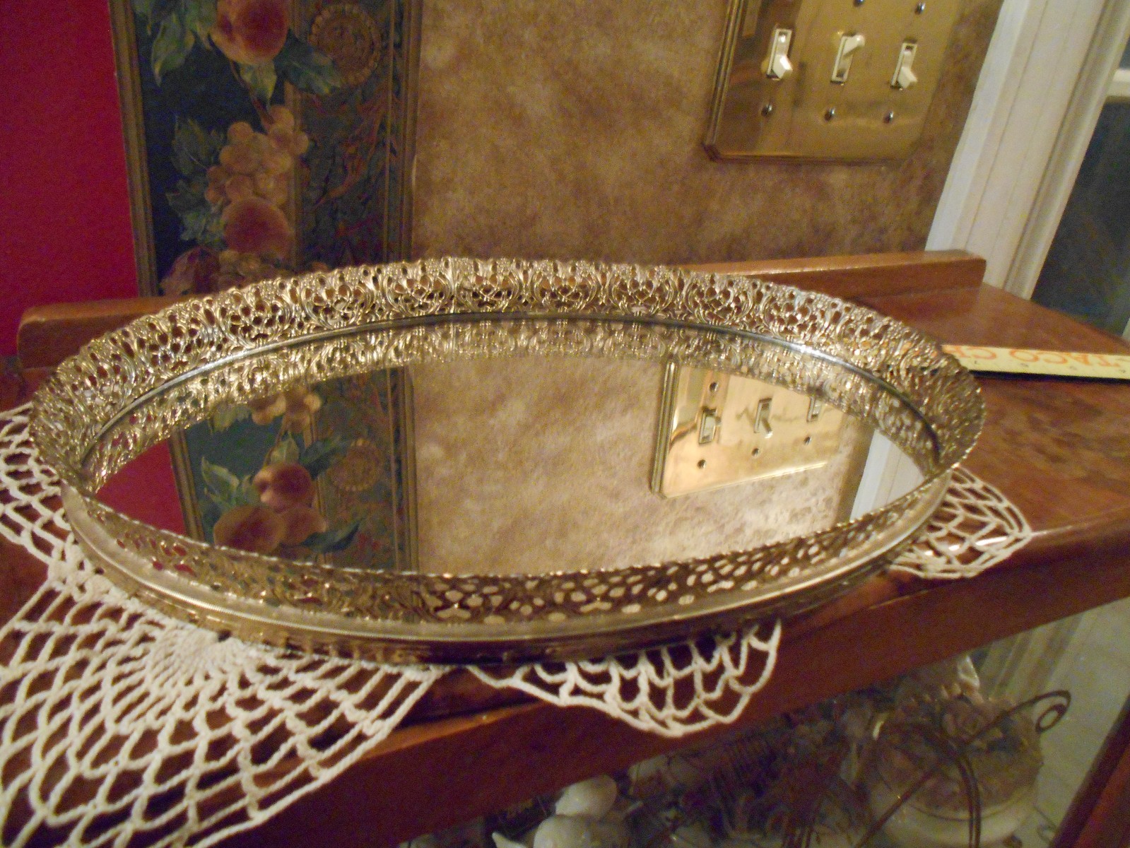 Vintage 1950s LARGE ORNATE VANITY MIRROR DRESSER TRAY MIRROR FILAGREE