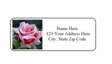 30 Dewy Pink Rose PERSONALIZED RETURN ADDRESS LABELS 1 in X 2 5/8 GLOSSY