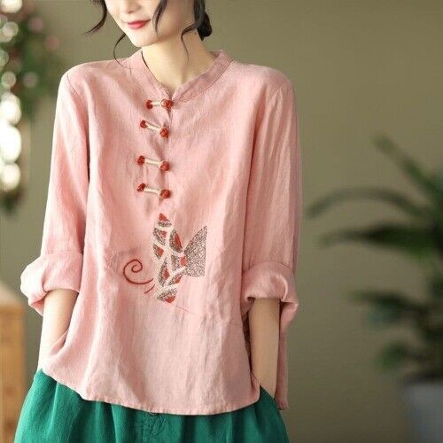 Summer Chinese Style Shirt Plus Size Traditional Clothing Linen Embroidery Tops - Picture 16 of 16
