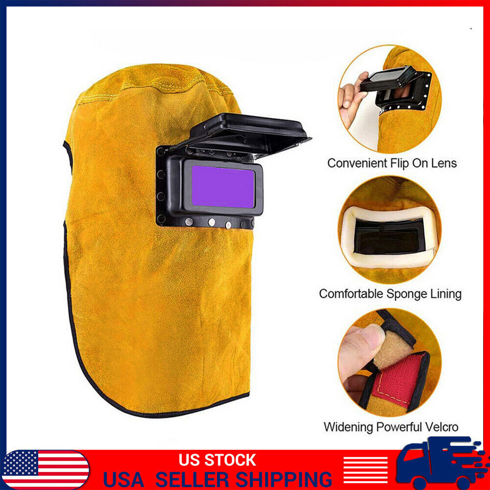 Schweißer Lederhaube Mit Auto Darkening Filter - Gelbe Schweißermaske Mit Solar-Linse