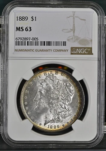 1889-P MORGAN SILVER DOLLAR ROTATED DIES MINT ERROR NGC MS 63 TONED PRETTY COIN