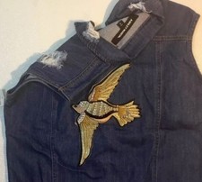 New Ashley Mason Blue Jean Vest Size Small S Gold Sequin Bird Denim Jacket Shirt