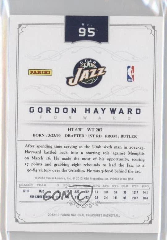 2012-13 Panini National Treasures Silver /25 Gordon Hayward #95 - Image 2 of 2