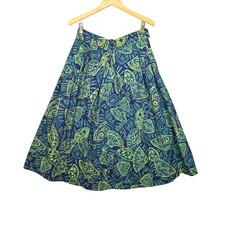 Vintage Abstract Geometric Print Midi Skirt Teal Green Pleated Full A-Line 30W