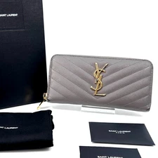 Saint Laurent Long Wallet V stitch Round Zip Leather Authentic 0434