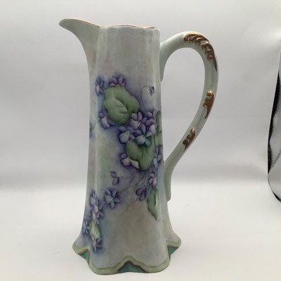 Handpainted Green and Lavender Violets Tall Pitcher 10.5''