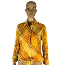 Carlisle 100% Silk Orange Yellow Plaid Button Front Blouse Women’s Size 6