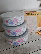 Vintage Enamel Metal Nesting Bowl Storage Tins X 3 With Lids Floral Design 