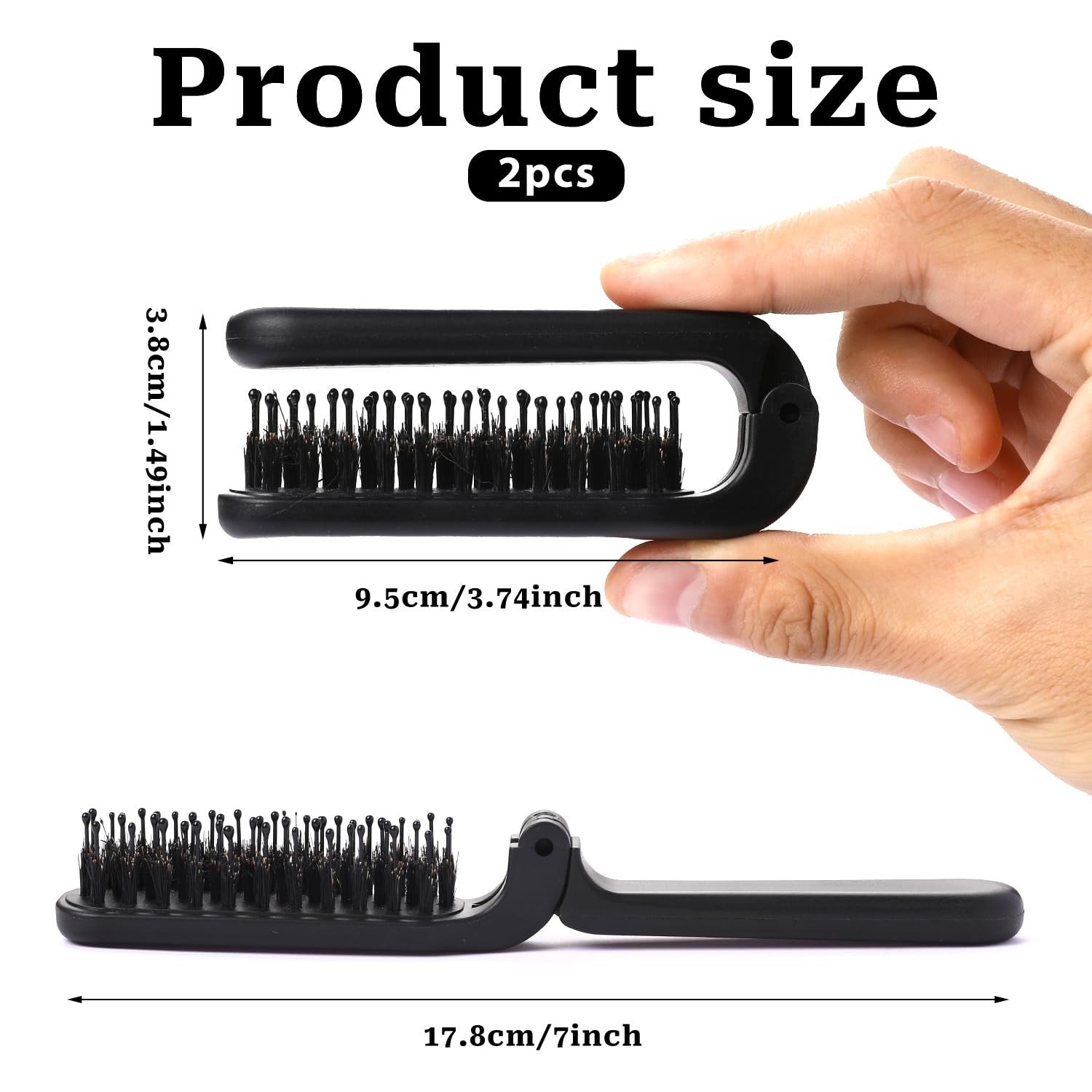 Foldable Brush for Purse, 2 Pack Small Portable Travel Hair 2 Pack, Black 