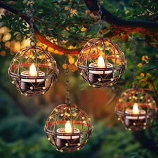 Solar Tea Lights Outdoor Waterproof Hanging Lanterns, Beaded Copper Wire Ball Ho
