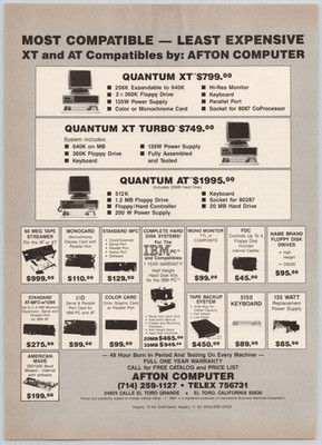 Afton Computer XT AT PC IBM Compatible Systems California 1986 Print Ad