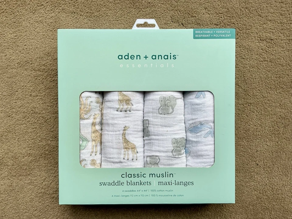 Aden + Anais Essentials 100% Cotton Muslin Swaddle Blankets Animals 4 Pack — 第 4/4 张图片