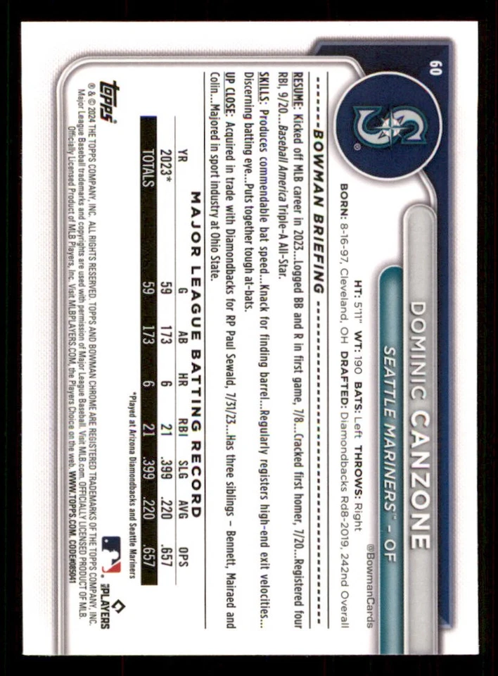 2024 Bowman Chrome #60 Dominic Canzone RC - Image 2 of 2