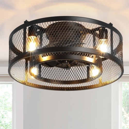 20'' Black Farmhouse Caged Ceiling Fan with Lights Remote Control Bladeless