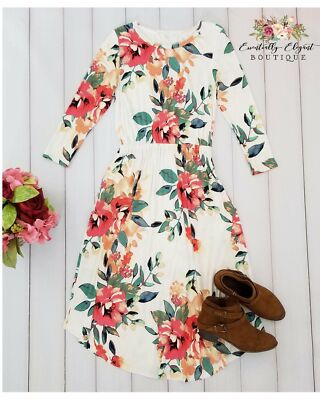 Dear To Me Floral Print Midi Dress with 3/4 Sleeves and Pockets in Ivory