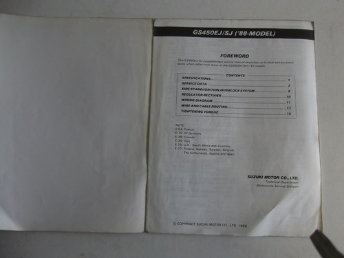 SUZUKI GS450 GENUINE SUPPLEMENTARY SERVICE MANUAL - Picture 2 of 2