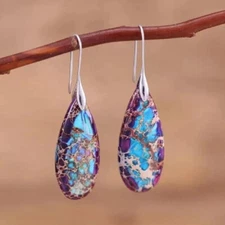 Natural Imperial Jasper Stone Teardrop Dangle Earrings silver Hook Drop Earrings