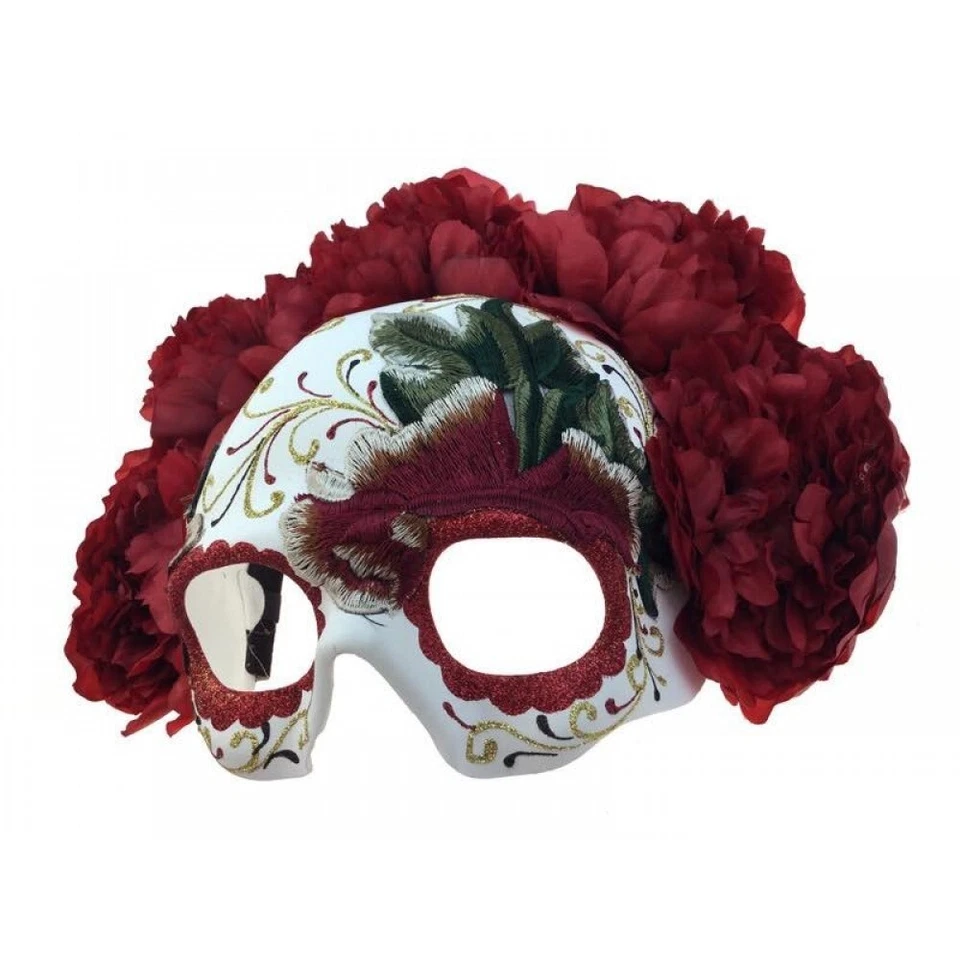 Day of the Dead Dia de los Muertos Embroidery Half Face Masquerade Mask [Red] - Image 3 of 3