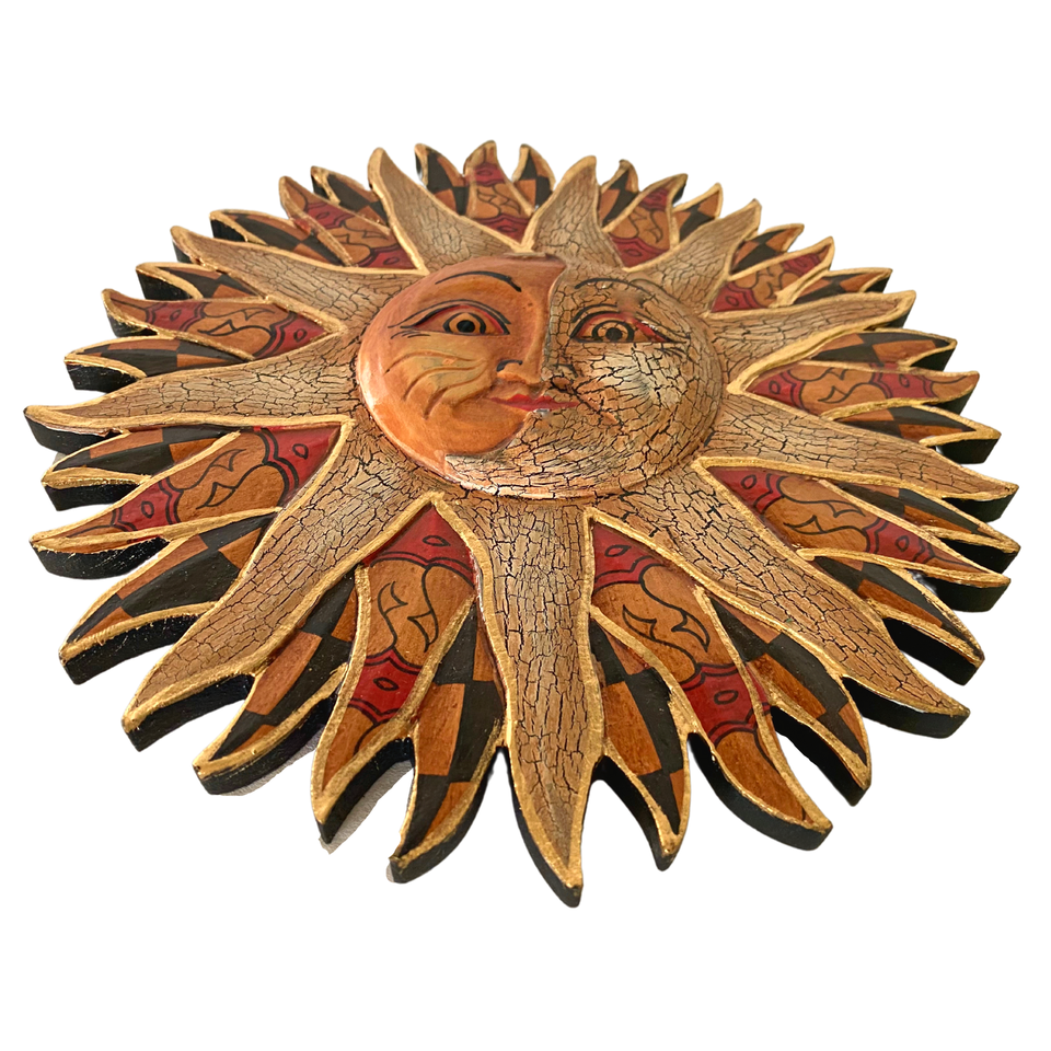 Sunburst Sun Wall Art Plaque Half MOON Celestial Carved painted Bali
