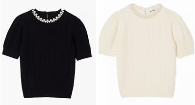 Sandro Pearl Knit Sweater Puff Sleeve Short Top for Women