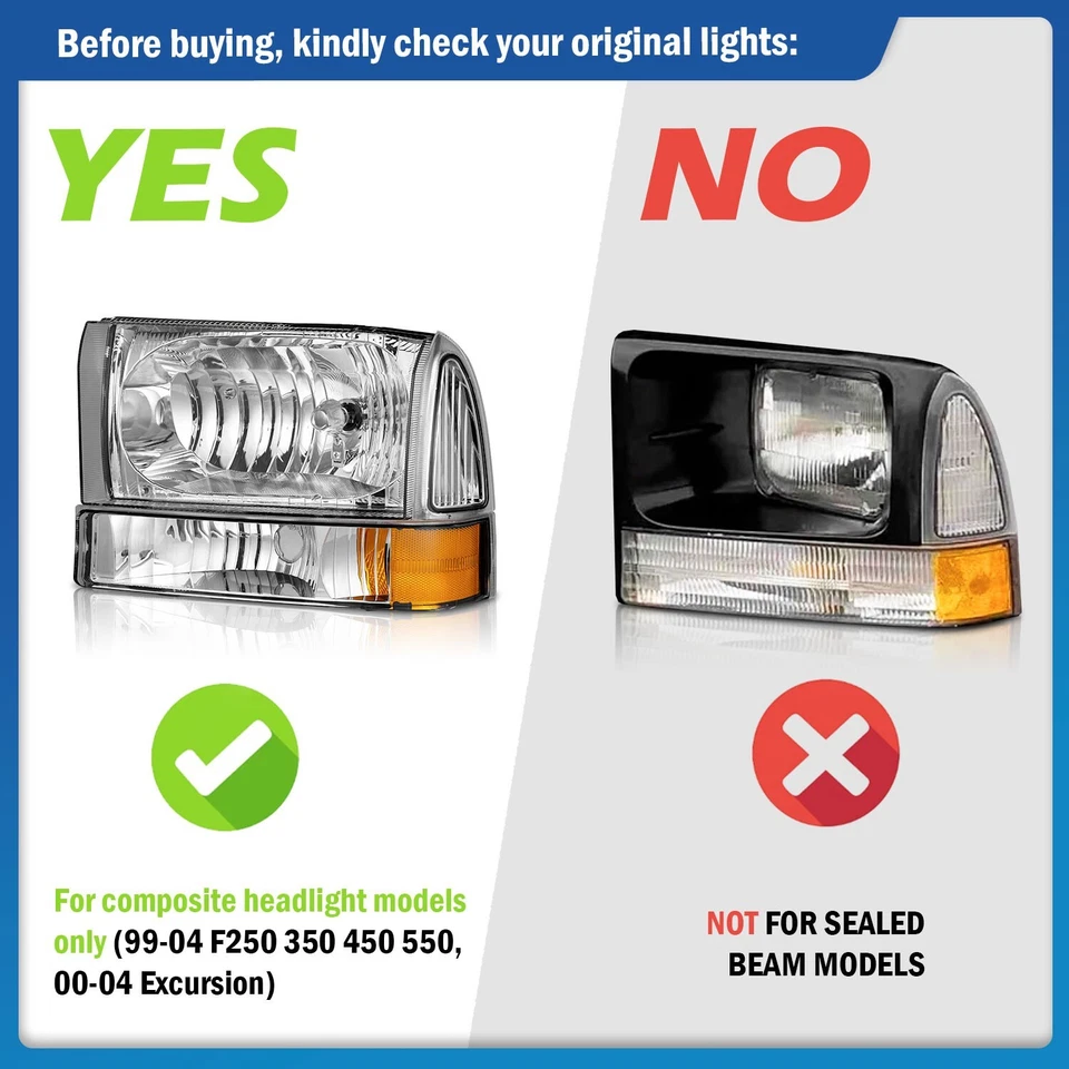 Pair Headlights For 1999-2004 Ford F250 F350 F450 Super Duty 00-04 Excursion - Image 2 of 4