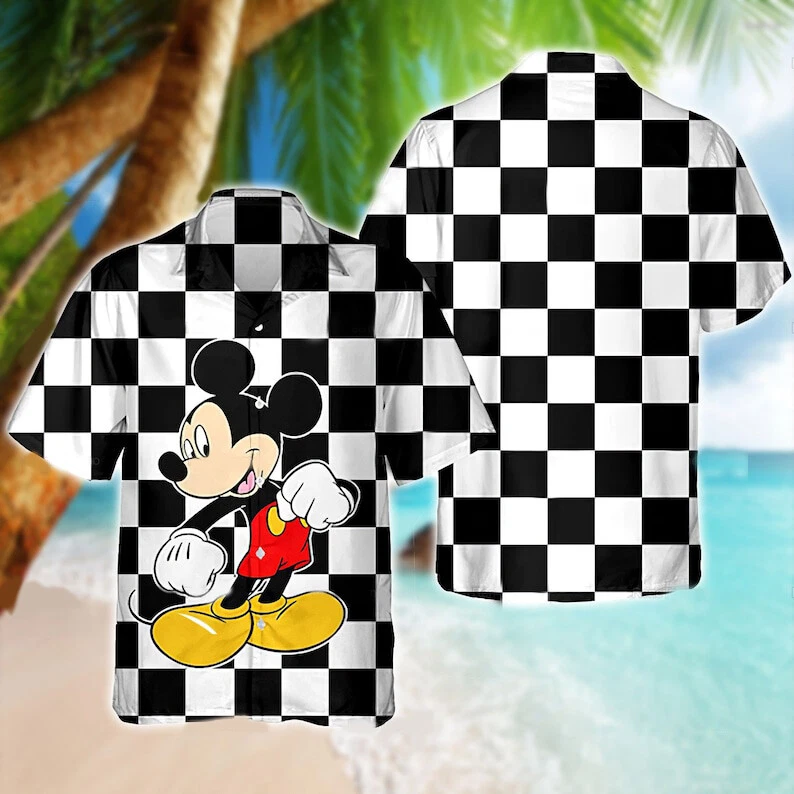Cute Mickey Mouse Glancing Checkerboard Black & White Hawaiian Shirt