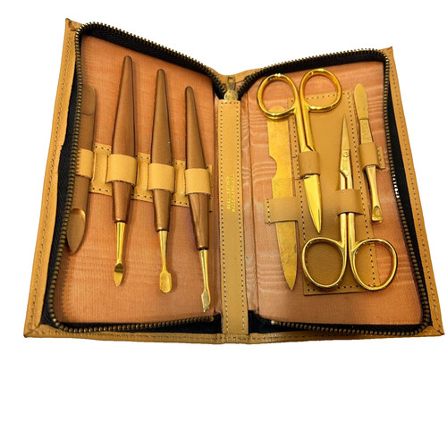 Vintage Sheffield England Gold Tone Cuticle Set Gold Leather Zip Case 8 Piece