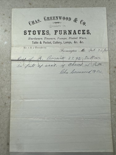 1880 Farmington, Maine Chas. Greenwood & Co. Bill Head Billhead Letterhead - Picture 1 of 4