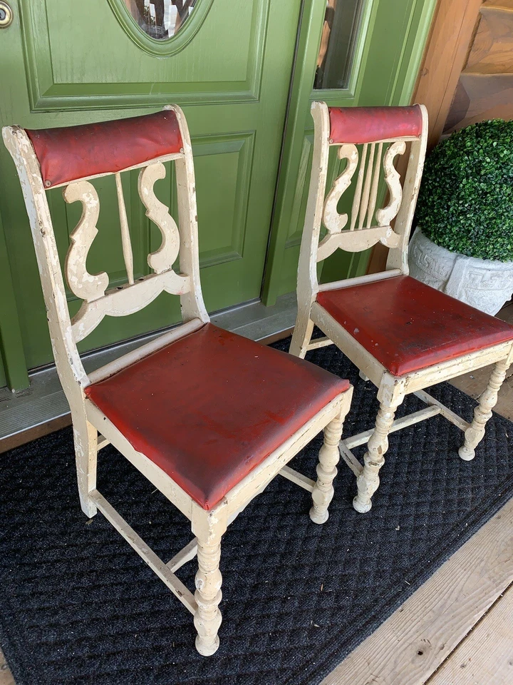 Antique Vintage Set of 2 Wood Side Chairs Harp Lyre Back - Image 2 of 4