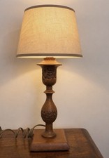 Vintage Hand Carved Wooden Table Lamp Base Oak Leaf Rustic Country Working