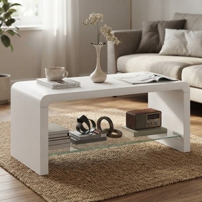 Couchtisch Hochglanz weiß zweistufig mit Glasablage - modernes Design 100 cm