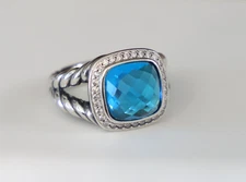 David Yurman Sterling Silver 11mm Albion Ring Blue Topaz with Diamond size 8