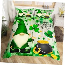 St. Patrick's Day Duvet Cover Queen Size Cute Gnome and Green Clover Leaves