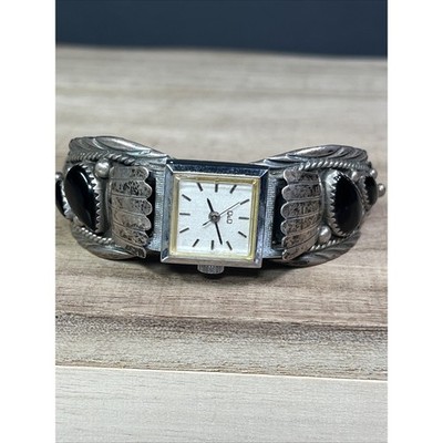 Vintage Indianer Navajo Sterling Manschette Armband schwarz Träne Onyx Uhr