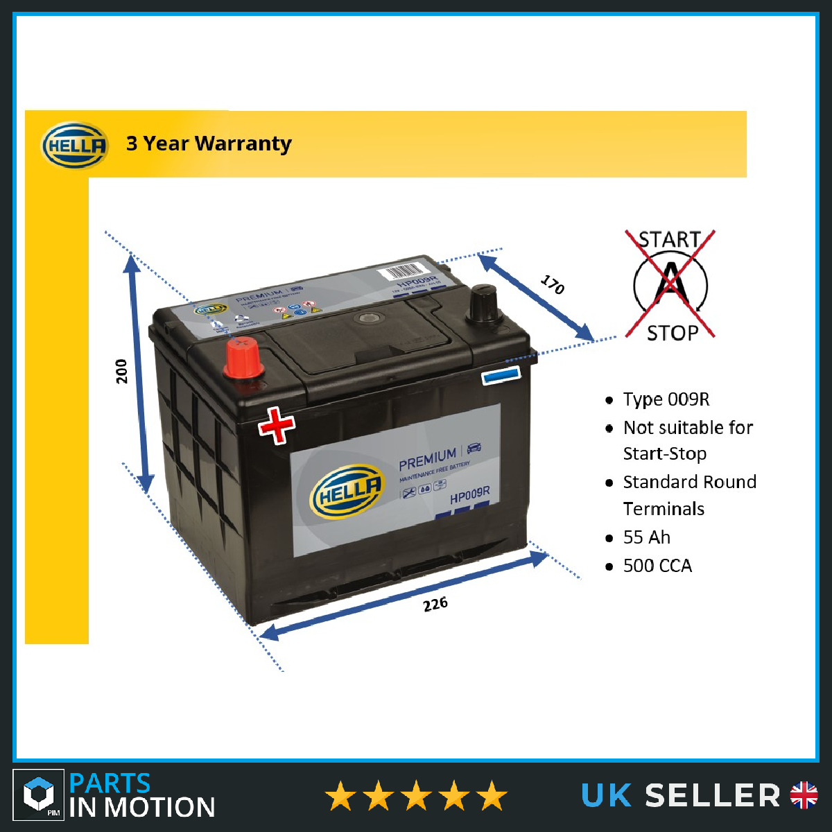 Hella Premium Car Battery HP009R Type 009R 55AH 500 CCA 4 Year Warranty