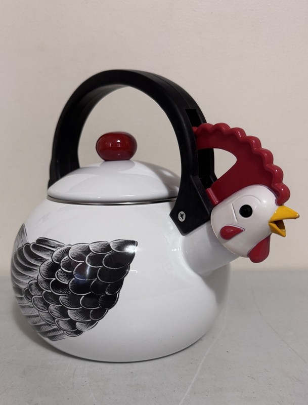 Vtg Kamenstein Enamel Chicken Rooster Whistling Kettle Tea Pot 1986 "TeaBird"
