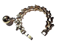 FLOWER SHAPE PETAL TULIP LINK BRACELET GOLD TONE W DANGLE "BALL" CHARM MARINO