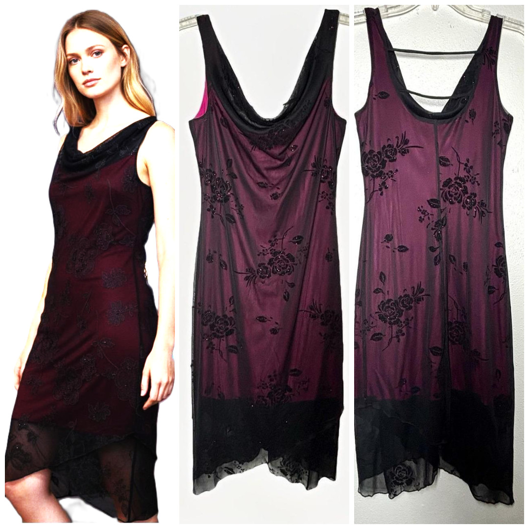 Y2k Byer Too Midi Dress L Black Mesh Pink Burnout Whimsygoth Fairygoth Hoco Prom