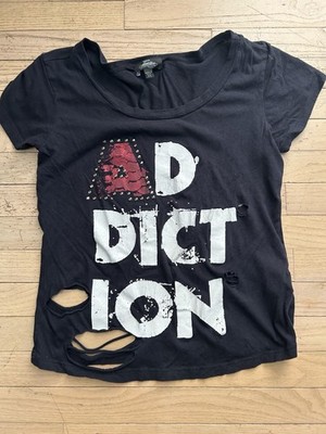 Bebe Addiction Black Graphic T-Shirt W/ Silver Studs & Distressed Holes Sz Small